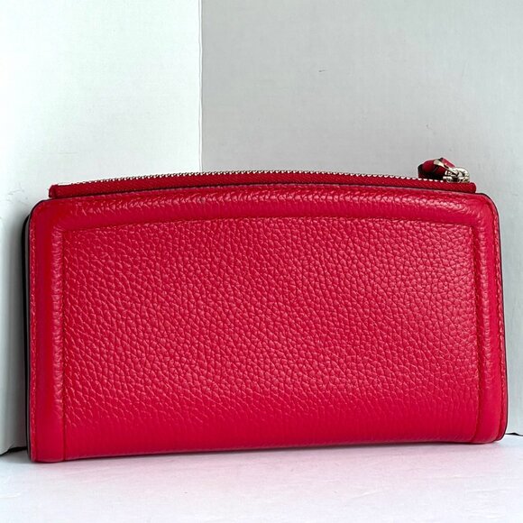 Kate Spade Knott Bifold Wallet Red Leather Slim Snap Billfold Zip Pocket - Picture 2 of 4